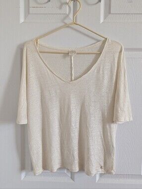 Lightweight Cream 100% Linen V-Neck Top Old Money Quiet Luxury Minimaliste SZ 0